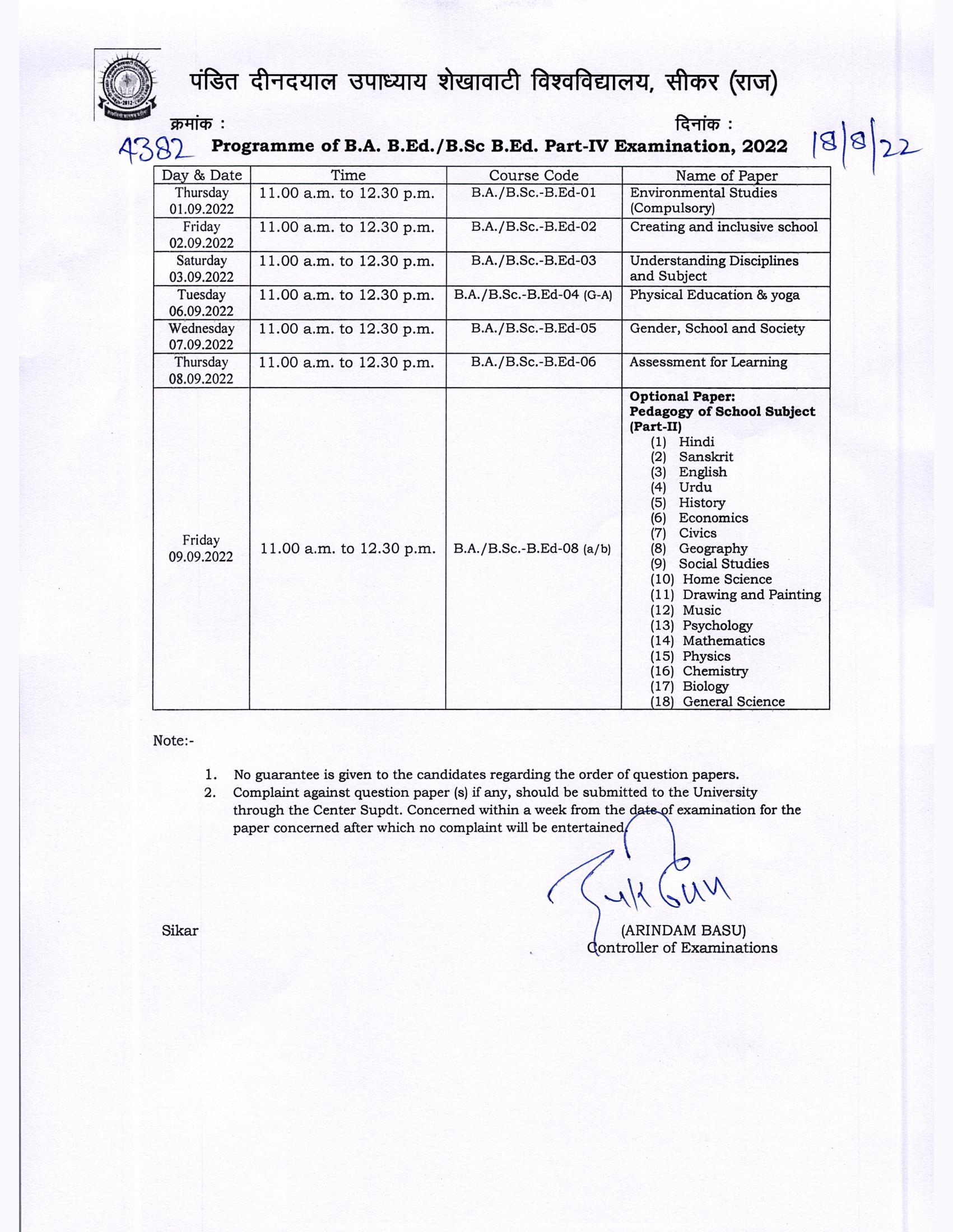 Shekhawati University / PDUSU BA Bed BSC Bed Time Table 2024 Is ...